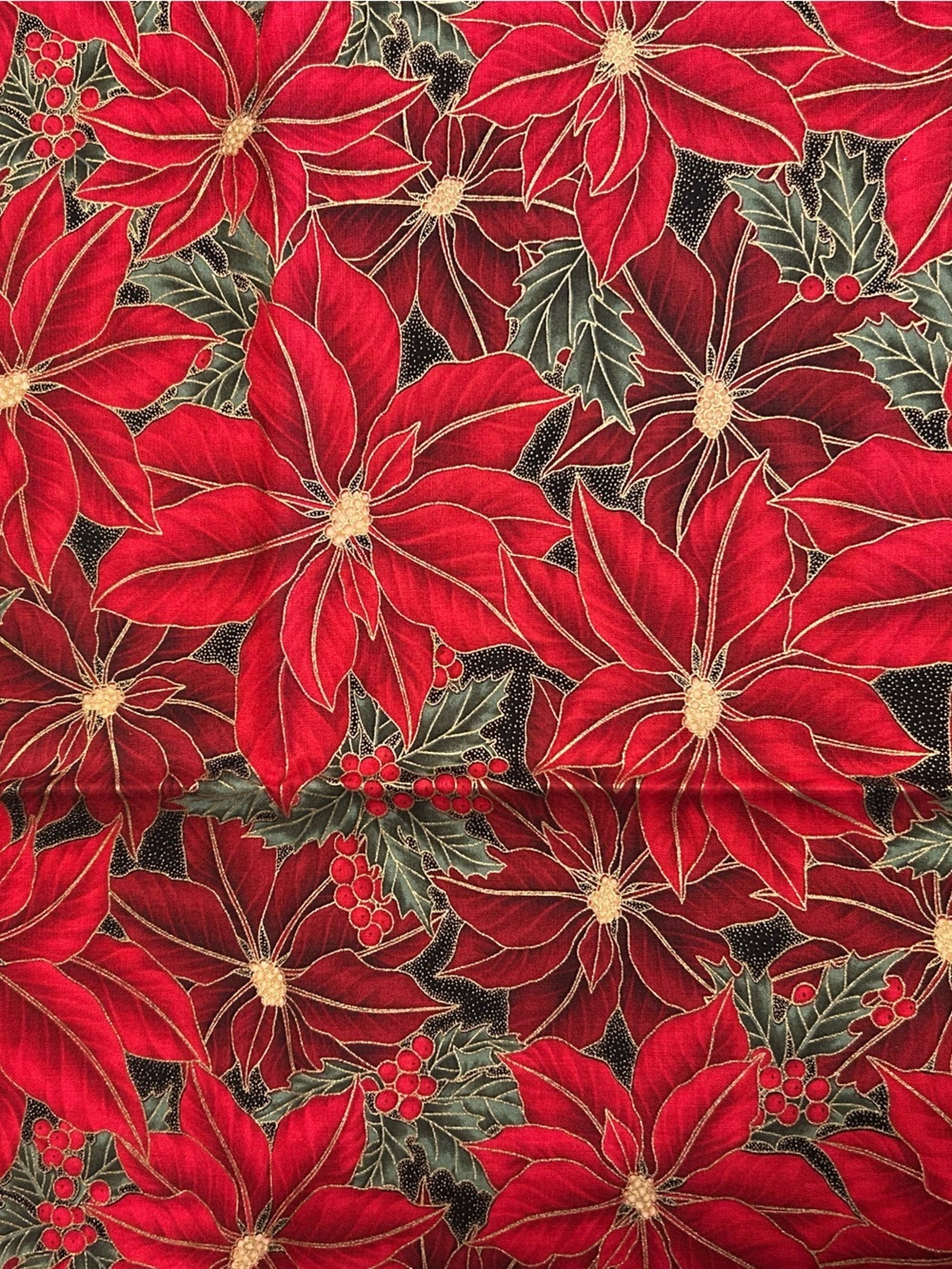 Christmas Red Poinsettia Gold Accents Cotton Fabric Holiday Sewing Crafts 44”x36